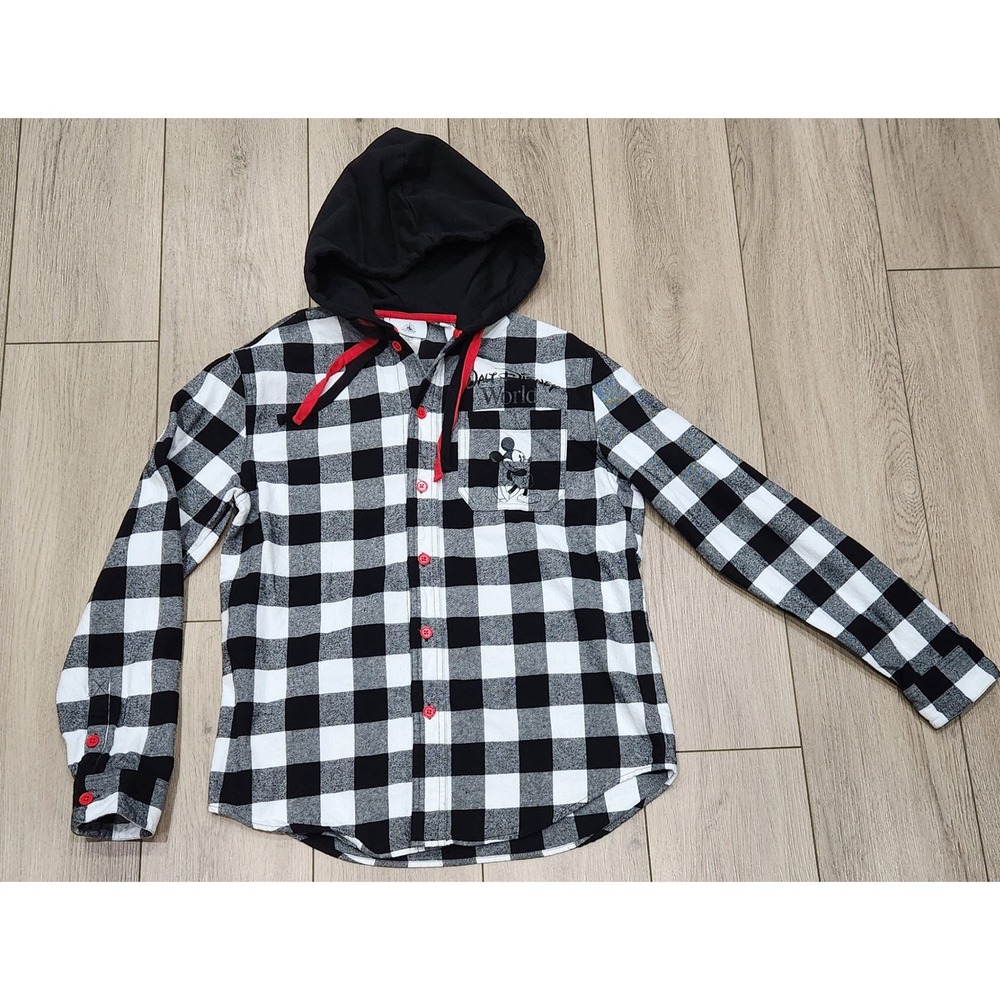 Disney Walt World Parks Buffalo Plaid Flannel Hoodie Shirt Mickey Mouse Women S